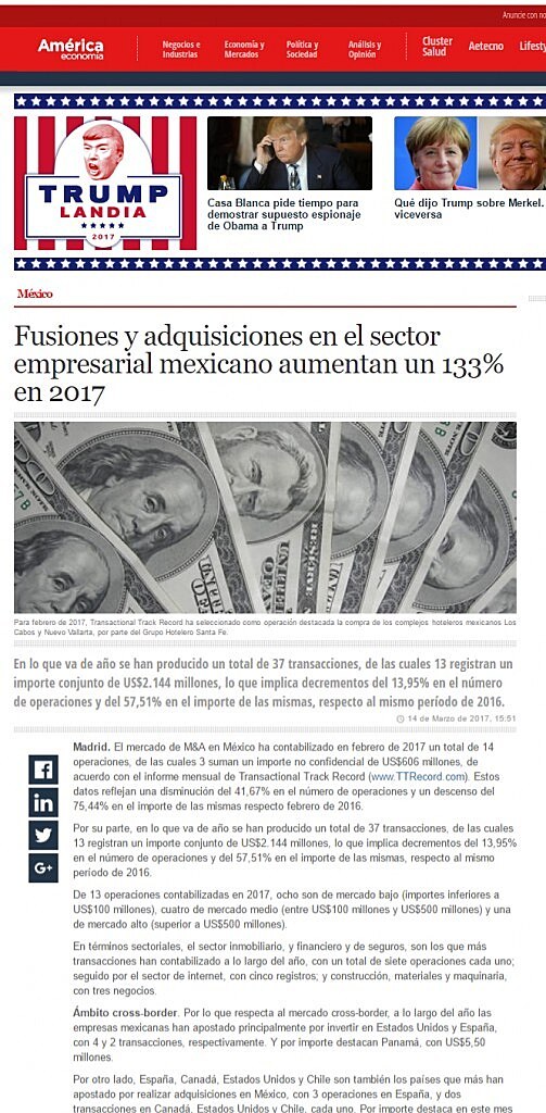 Fusiones y adquisiciones en el sector empresarial mexicano aumentan un 133% en 2017
